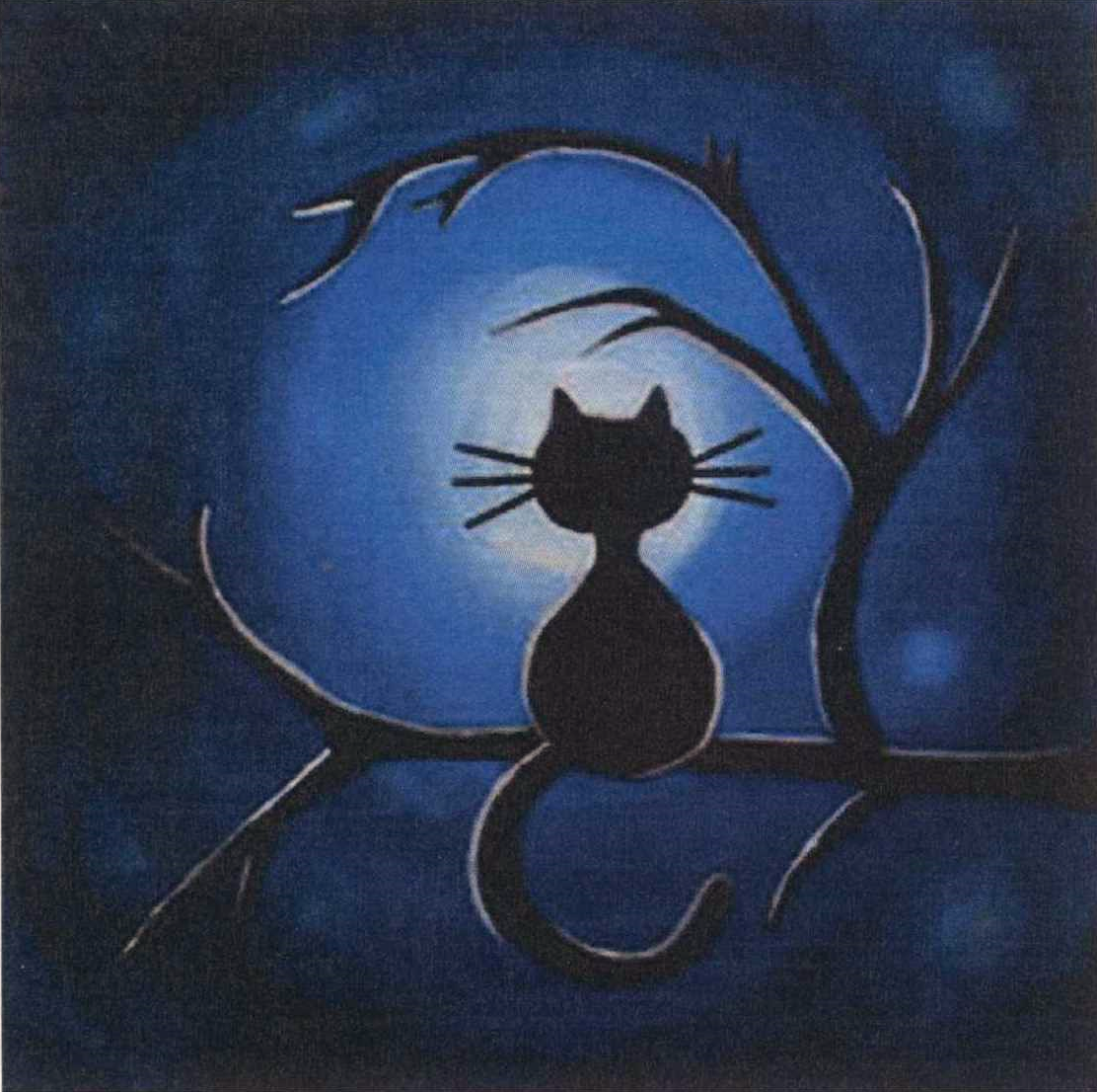 Dark painted image showing the back of a cat on a tree limb.