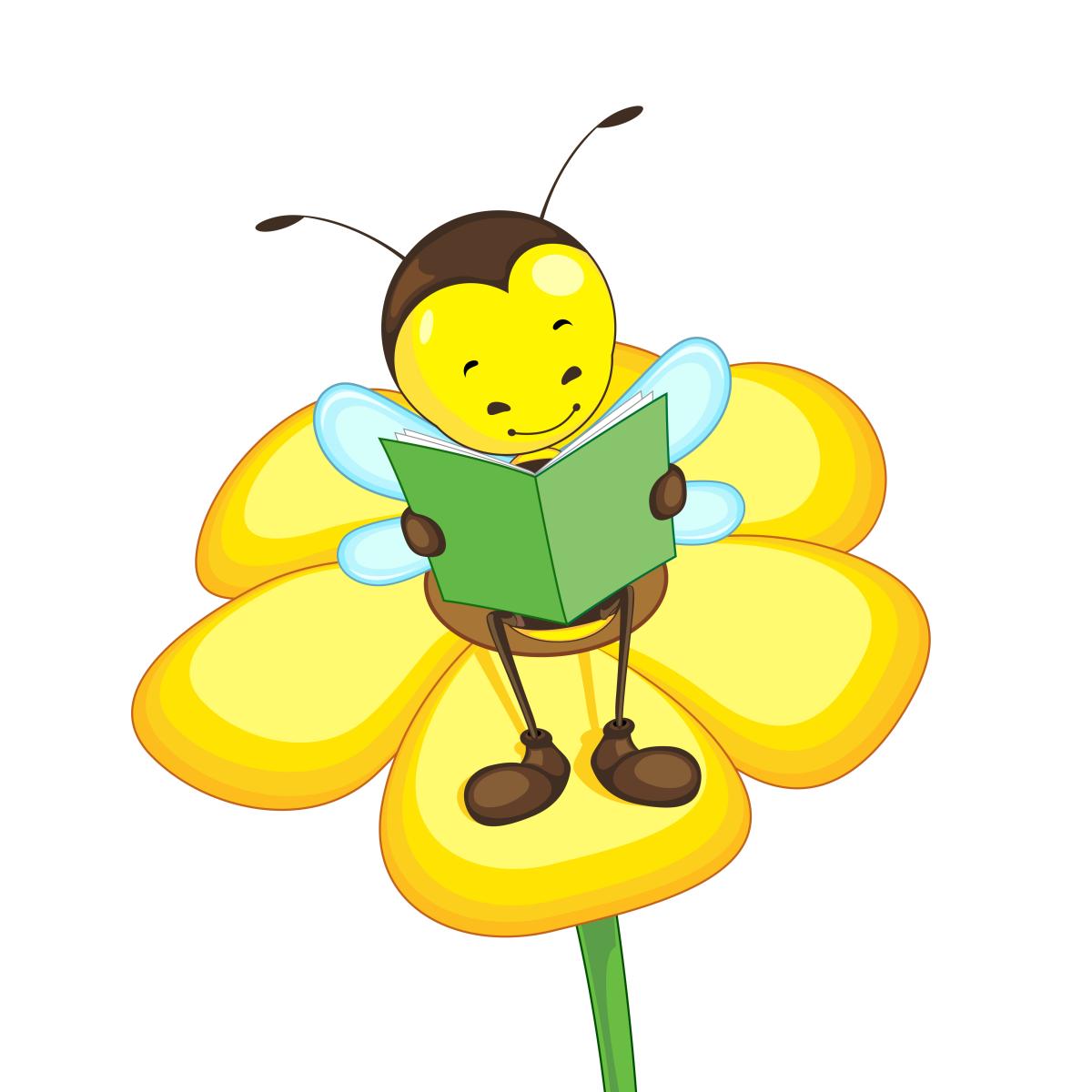 Bee reading a book on a flower.