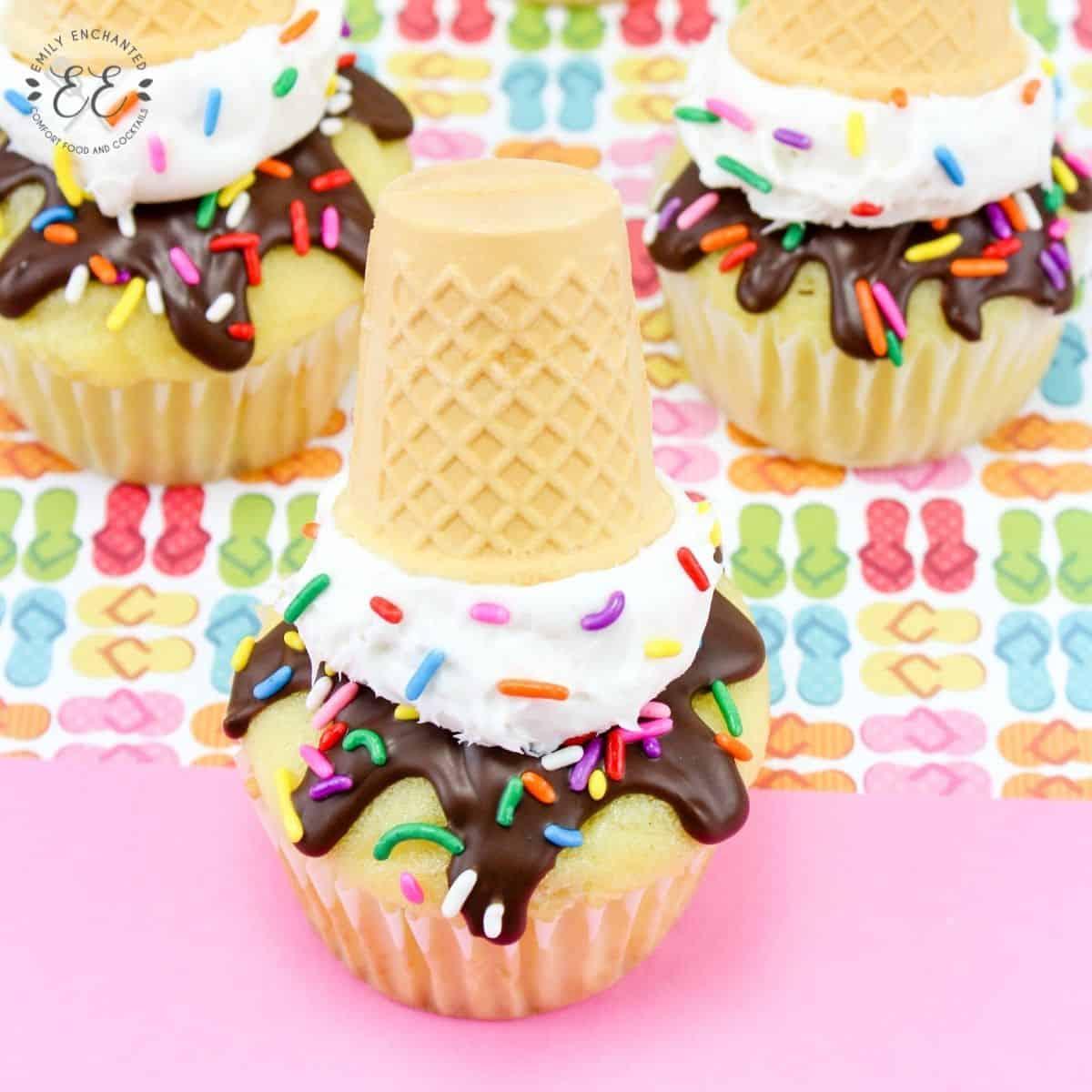 Cupcakes with melting ice cream cones. 