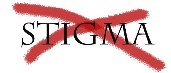 The word "stigma" in black with a red X over it