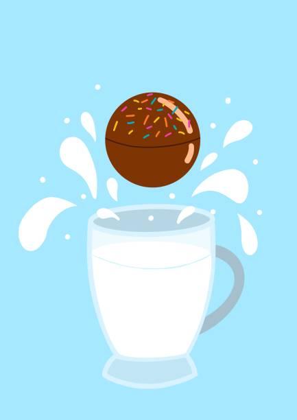 Picture of a chocolate cocoa bomb dropping into a glass of milk