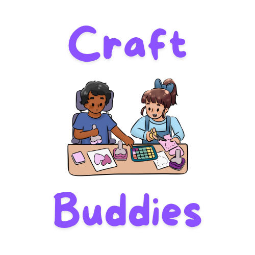 Two children working on a craft at the table with the words Craft Buddies in purple.