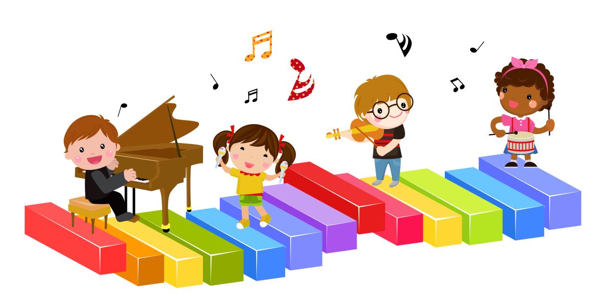 Clipart kids playing on colorful keyboard