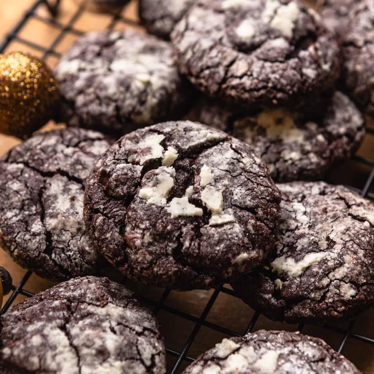 A close up picture of chocolate snowstorm cookies
