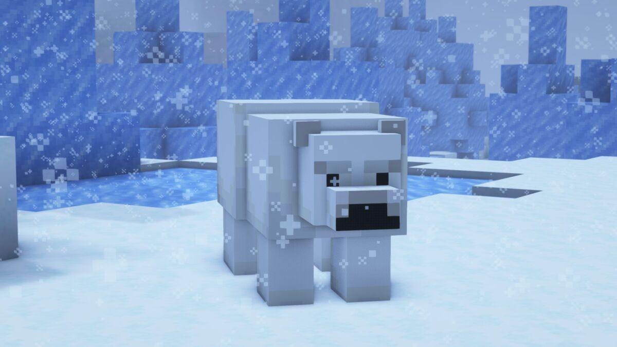 A picture of a Minecraft polar bear in a winter scene.